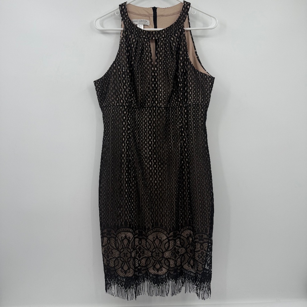 Maggy London Dress Women 14 Petite NEW Black Lace Fringe Sleeveless Evening